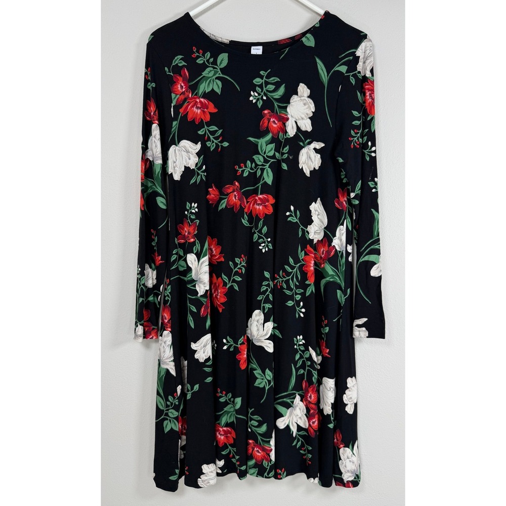 Old Navy S Knit Swing Dress Women S Black Red Floral Long Sleeve Holiday Soft